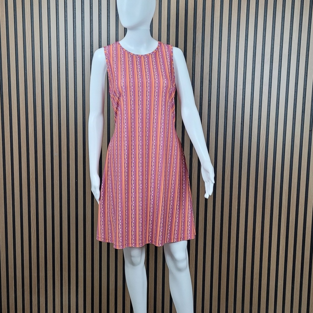 Sky-Eagle Collection A-Line Dress Geometric Stripe Orange Pink with Pockets L